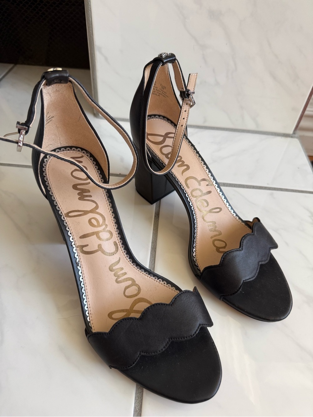 Sam Edelman Black Scalloped Ankle-Strap Block Heels